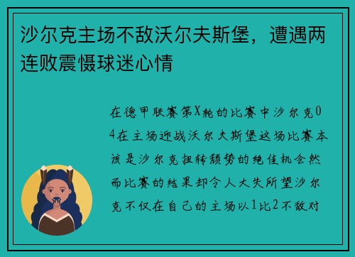 沙尔克主场不敌沃尔夫斯堡，遭遇两连败震慑球迷心情